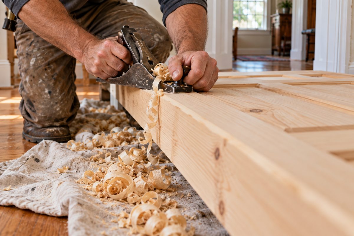 Tradesman using a hand block plane to trim a sticking interior door edge
