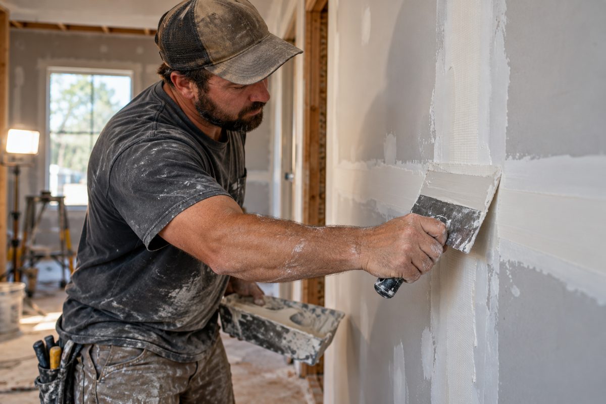 Tradesman smoothing joint compound over drywall tape seam on a residential wall repair