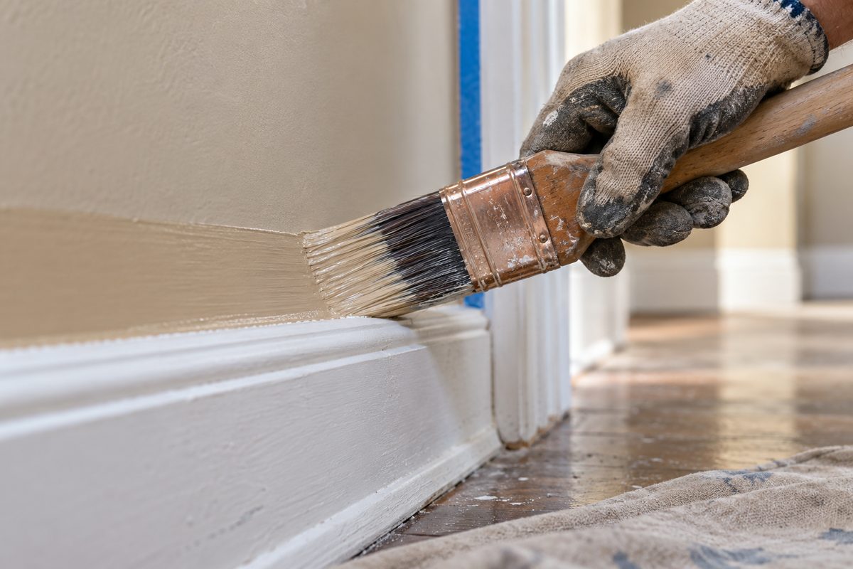 Angled sash paintbrush cutting a sharp paint line along primed wooden baseboard