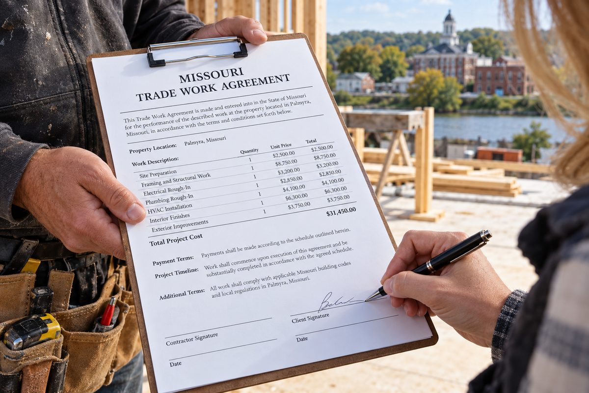 Itemized written trade contract and clip-board being signed on-site in Palmyra