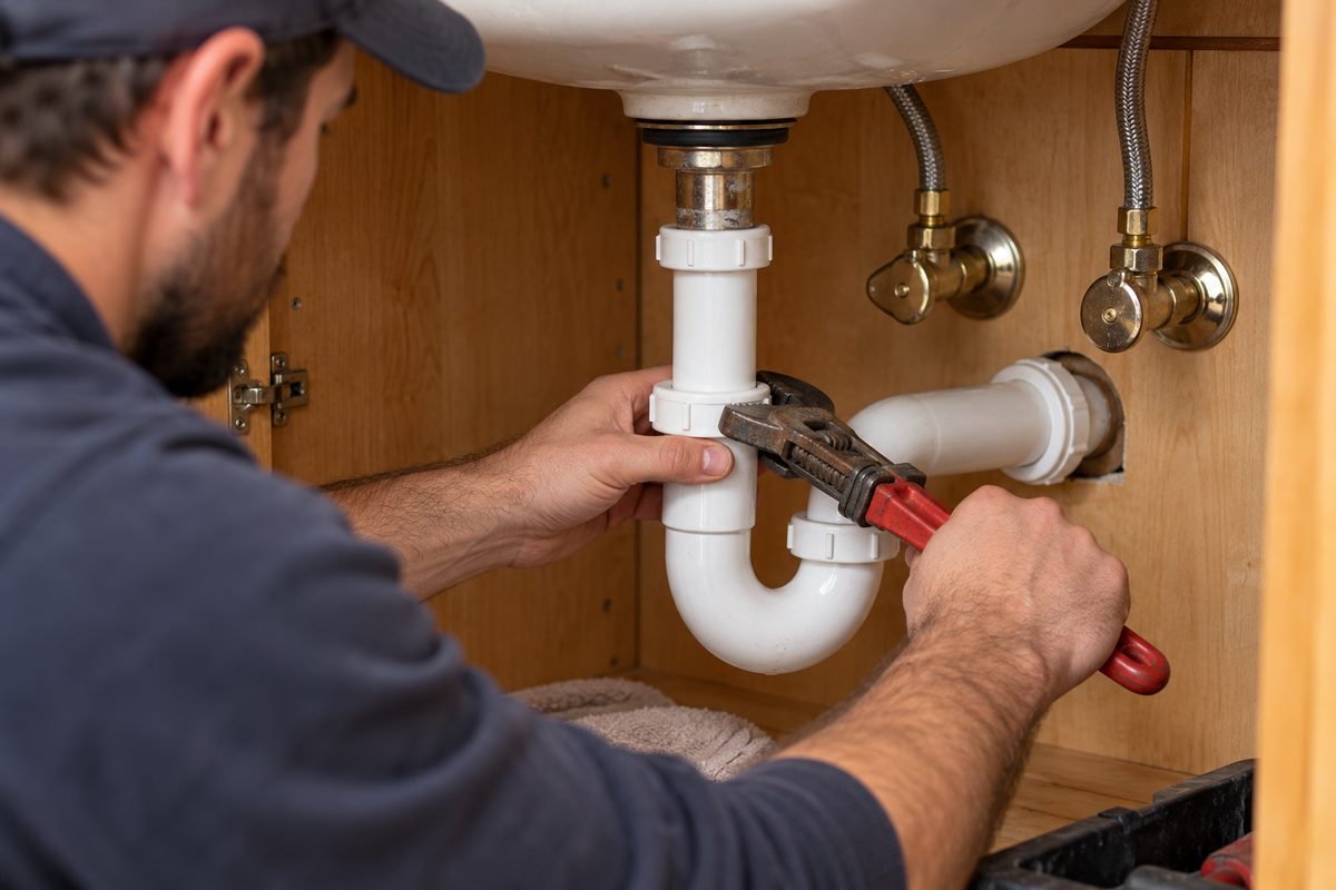 Tradesman tightening PVC P-trap pipe fitting beneath a residential sink vanity