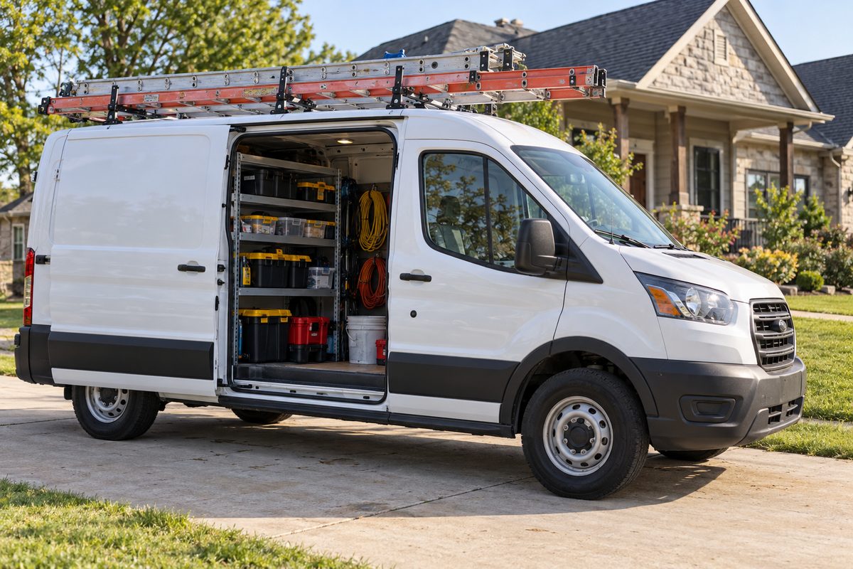 Masterpiece Handyman service van with equipment staged in a Palmyra residential driveway
