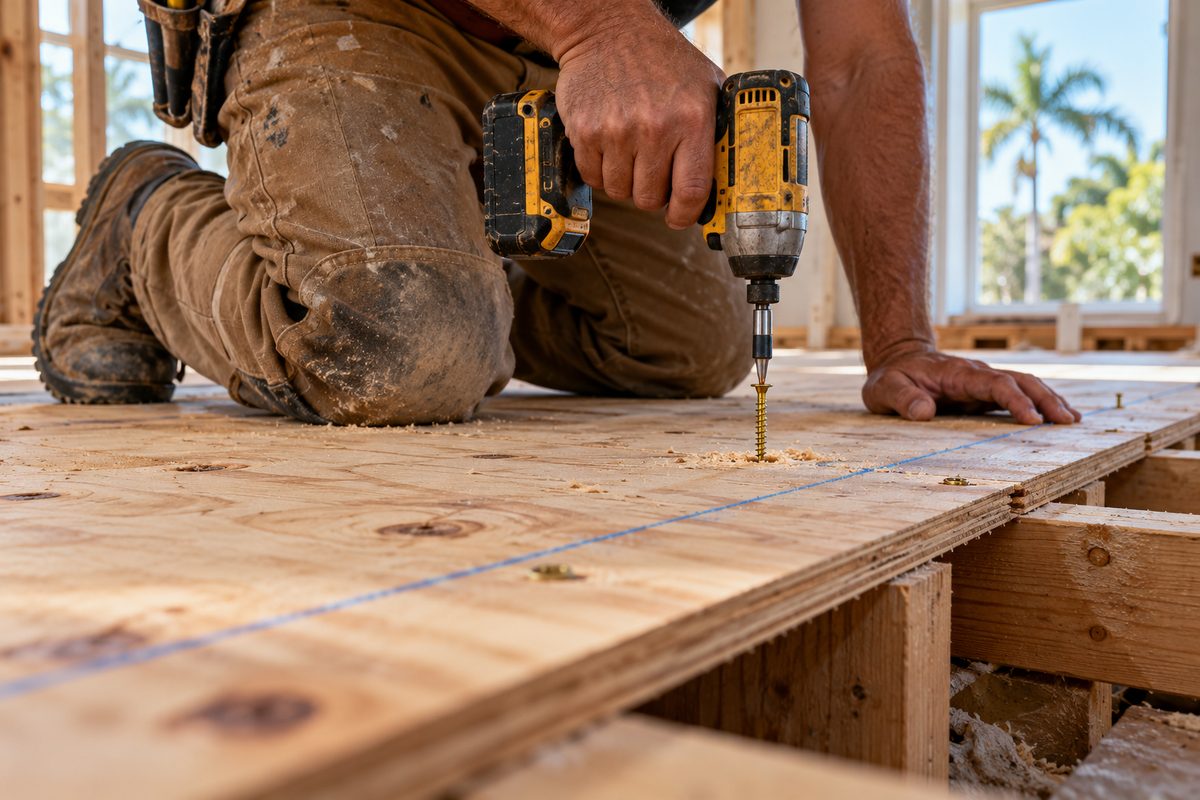 Tradesman driving structural screws into tongue and groove subfloor plywood to eliminate squeaks