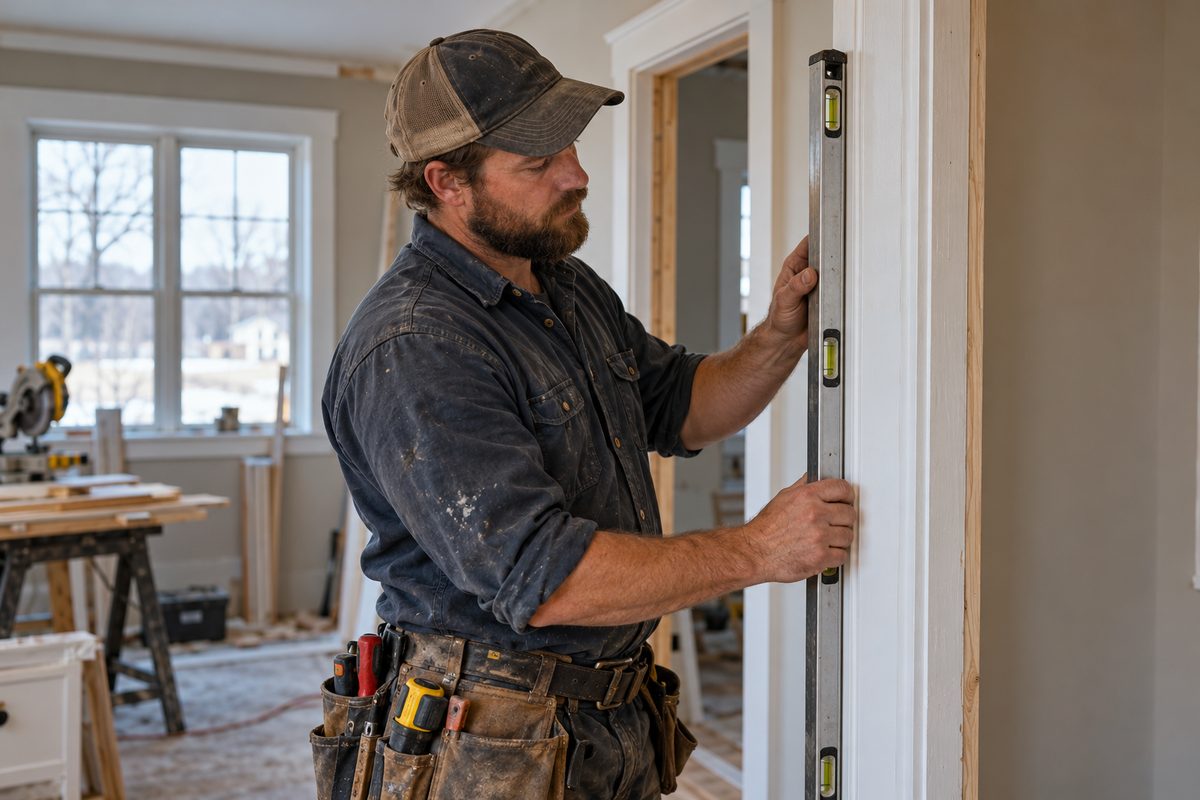 Thomas Kroeger aligning an aluminum spirit level against a newly installed door frame