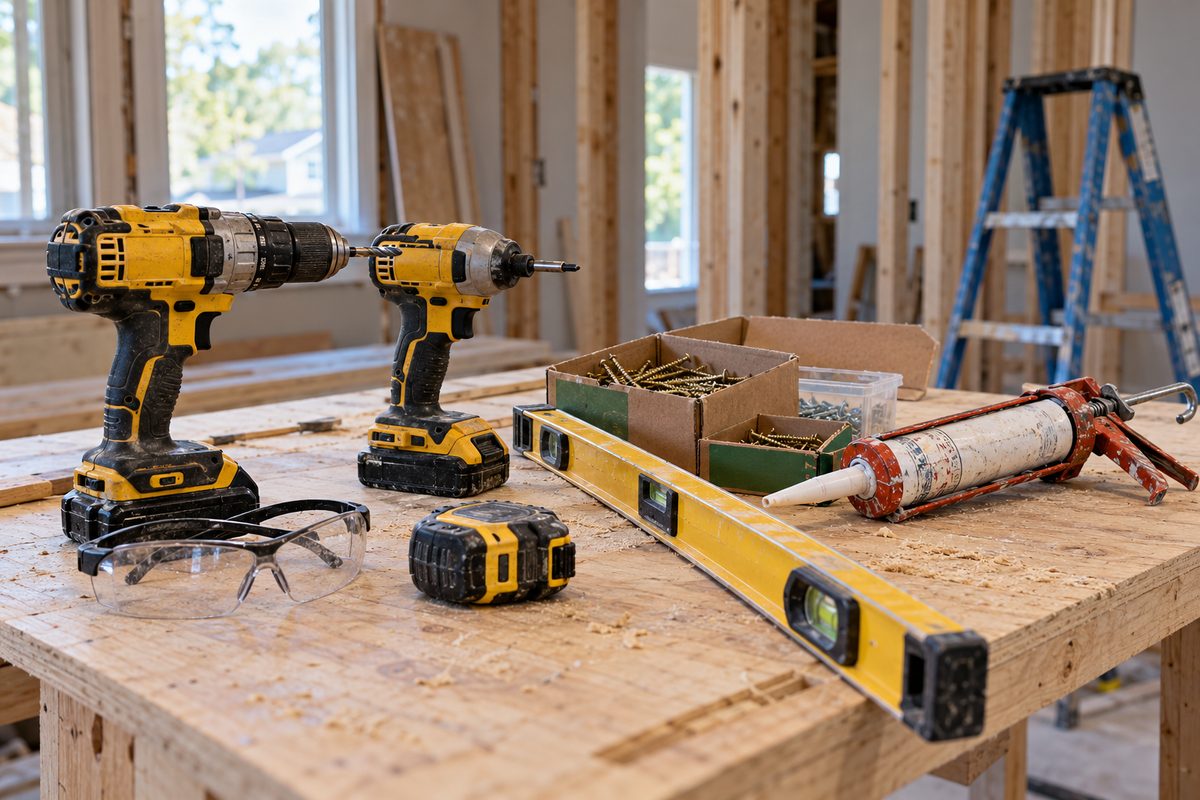 Job-site worktable staged with cordless impact tools, spirit level, fasteners, and safety gear